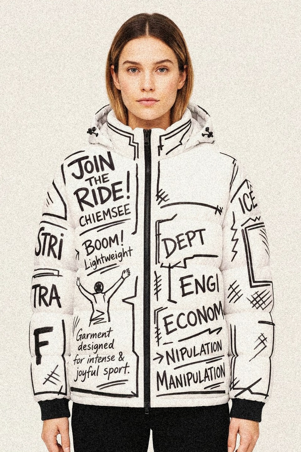 White Chiemsee puffer jacket covered in hand-marker graffiti reading Join the Ride