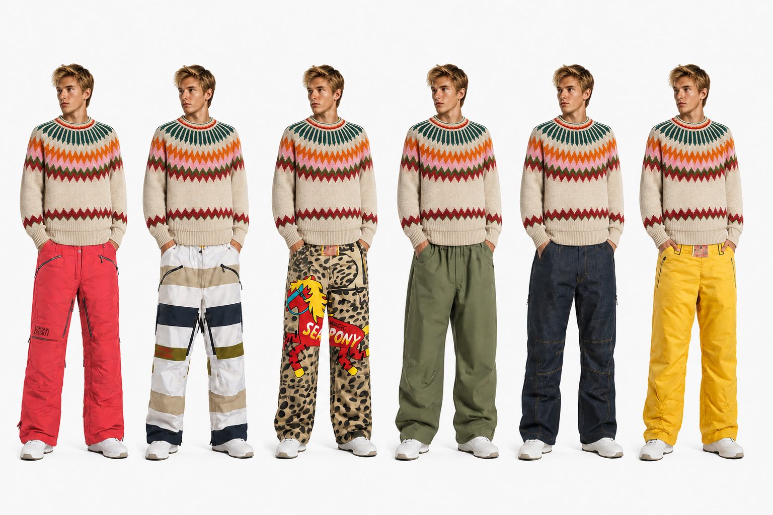 Six figures in the Fair-Isle Chiemsee knit worn over the collection's snow pants