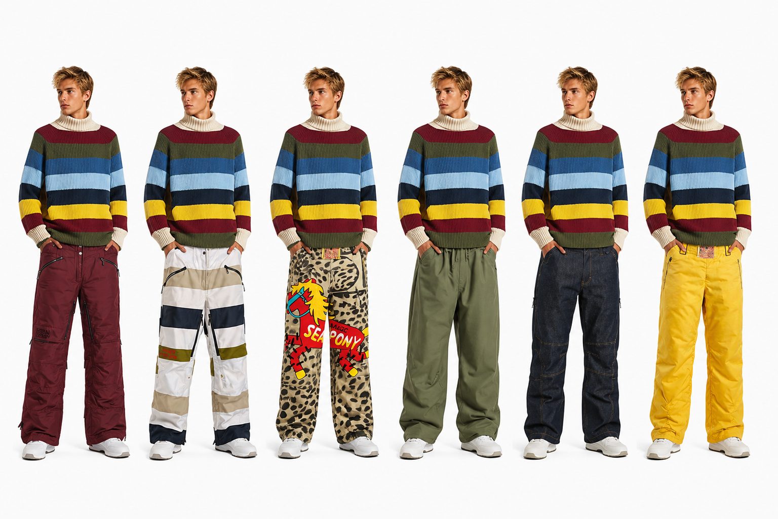 Six figures in the striped crew knit over the collection's snow pants
