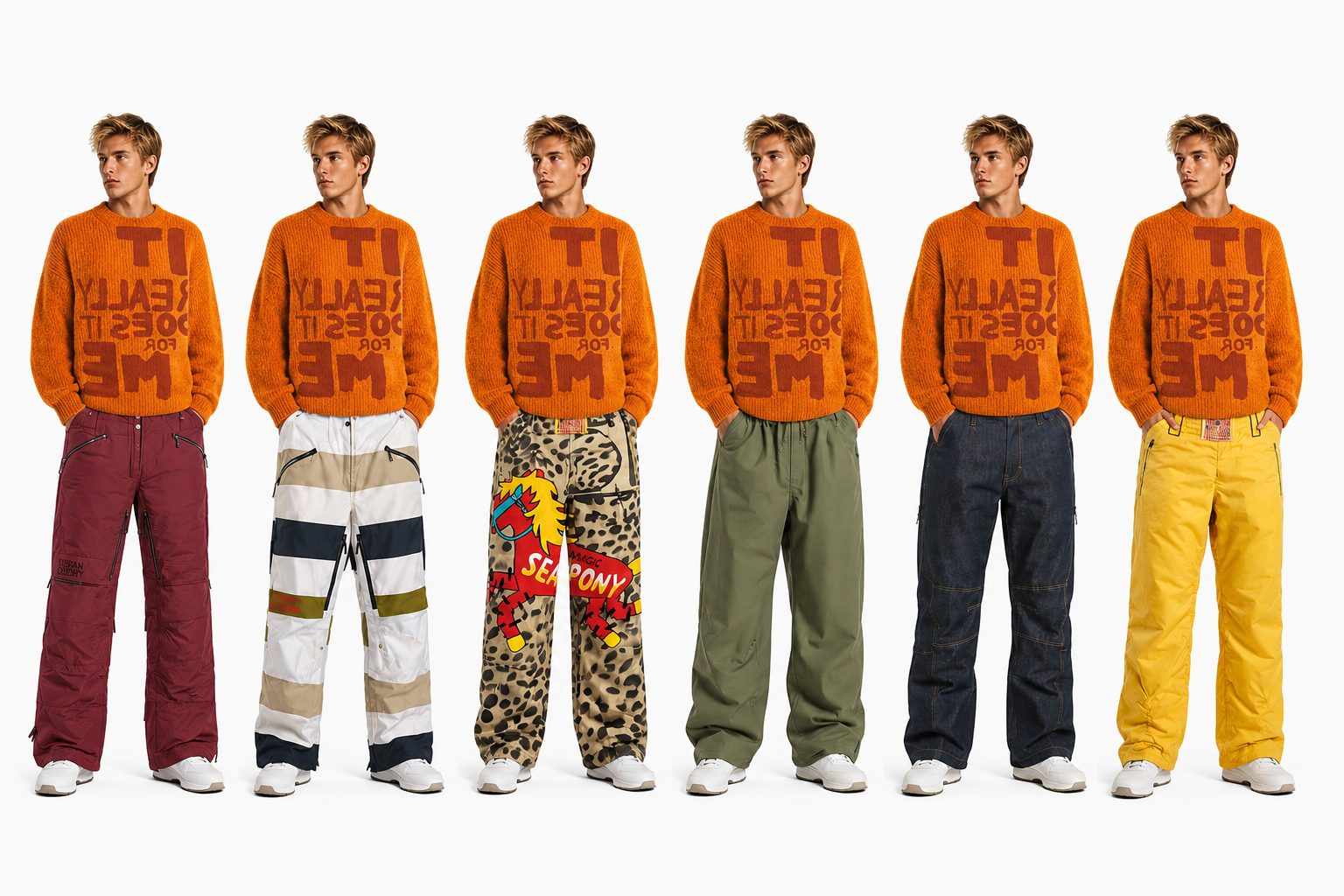 Six figures in the orange It Really Does It For Me sweater, each with different statement snow pants