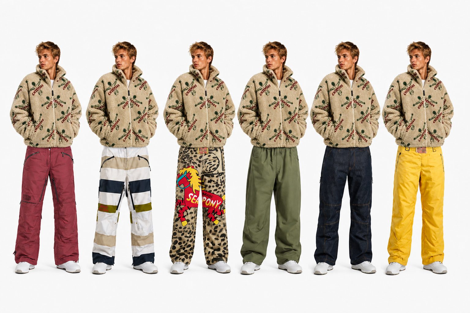Six figures in the cream snowflake fleece over the collection's snow pants