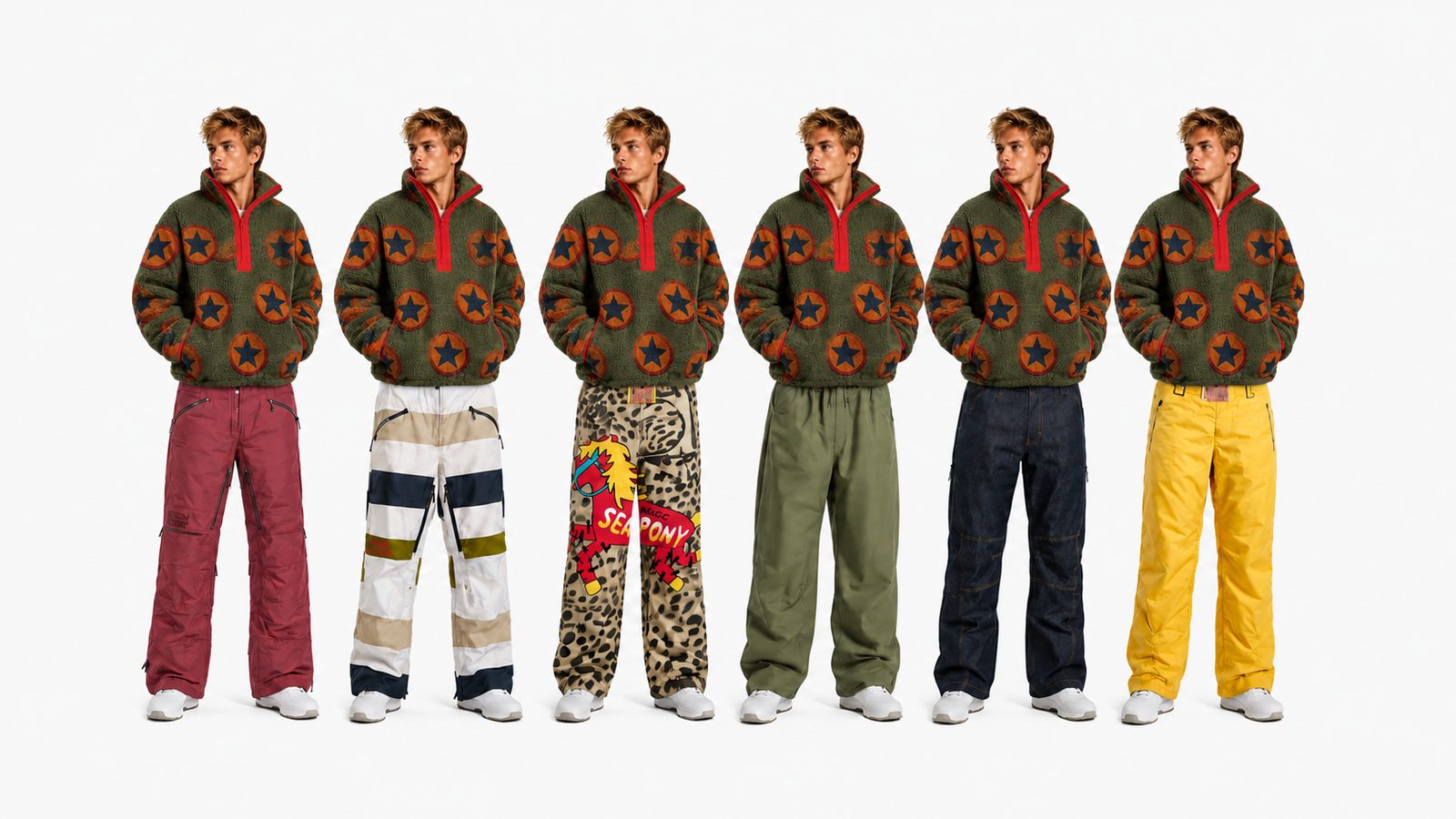 Six figures in the green sunburst fleece half-zip with red collar over the collection's snow pants