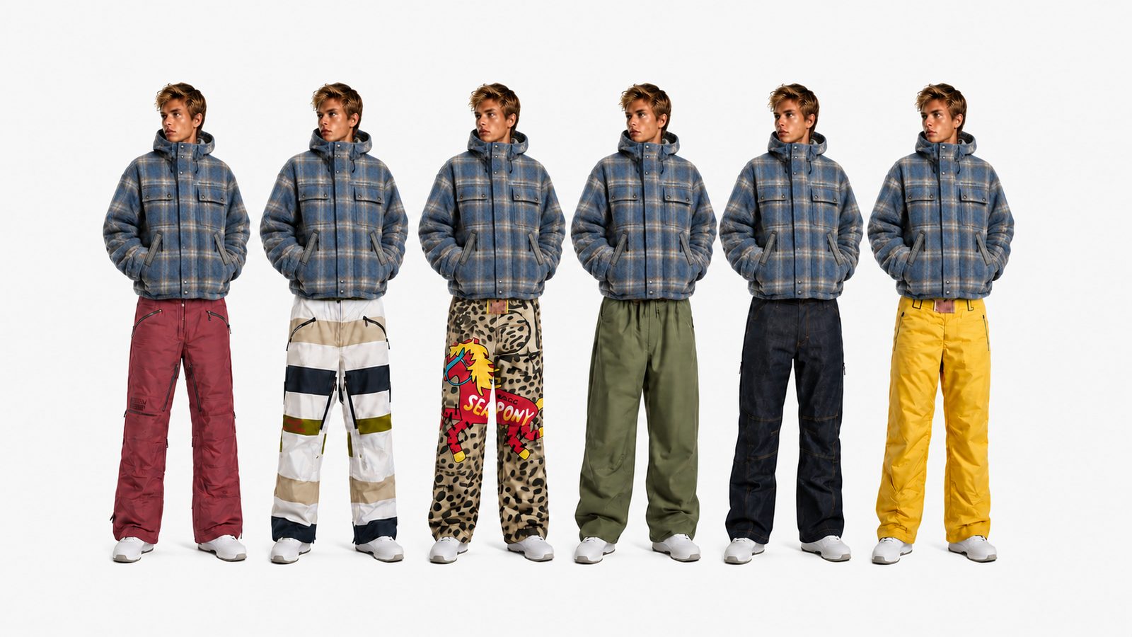 Six figures in the blue plaid flannel puffer over the collection's snow pants