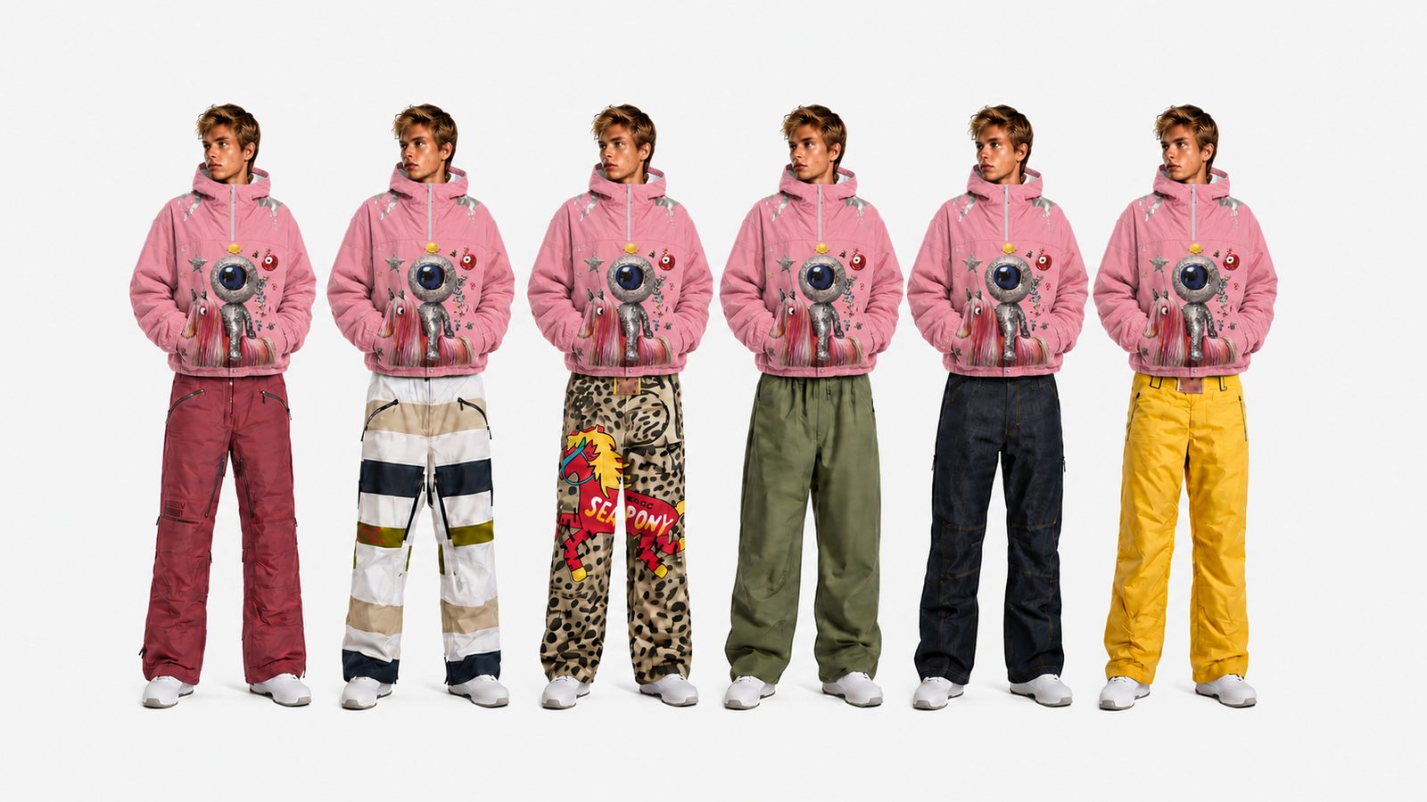 Six figures in the pink teddy fleece with mascot print over the collection's snow pants