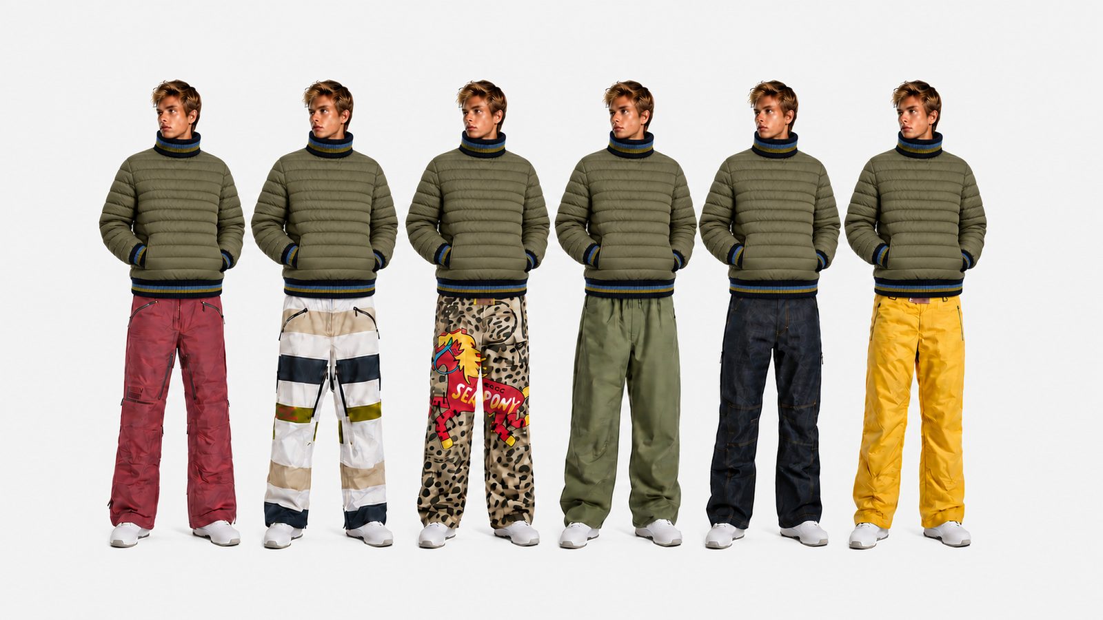Six figures in the olive quilted zip pullover over the collection's snow pants
