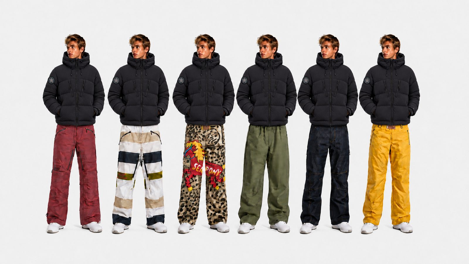 Six figures in the black alpine down puffer over the collection's snow pants