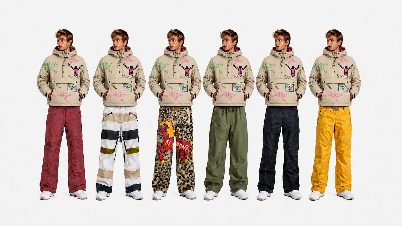 Six figures in the tan graffiti anorak over the collection's snow pants