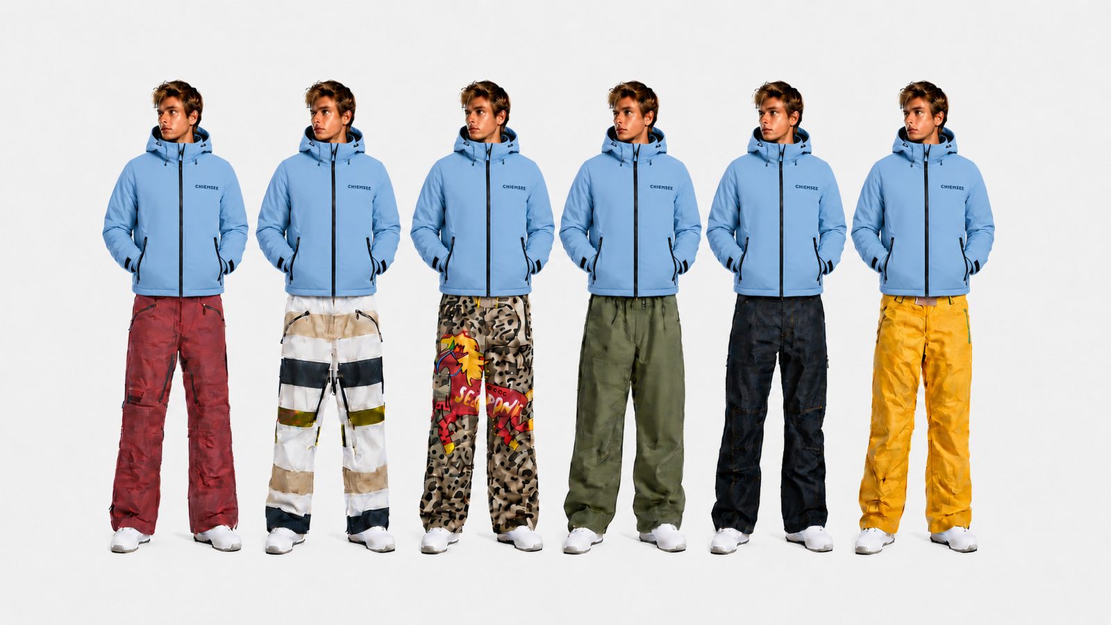 Six figures in the light blue Chiemsee shell jacket over the collection's snow pants