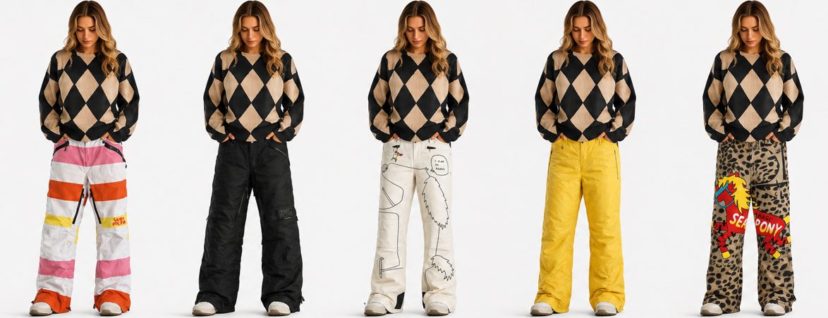 Five figures in the black and tan argyle knit jacket over the collection's snow pants