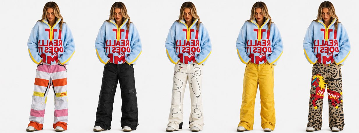 Five figures in the light blue It Really Does It hooded sweatshirt over the collection's snow pants