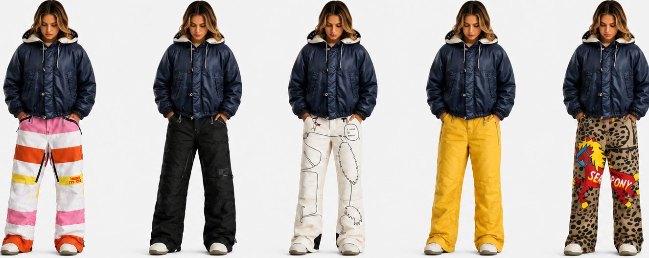Five figures in the navy padded bomber jacket over the collection's snow pants