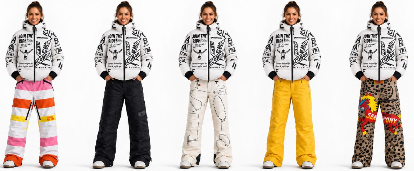 Five figures in the white Join the Ride graffiti anorak and matching pants