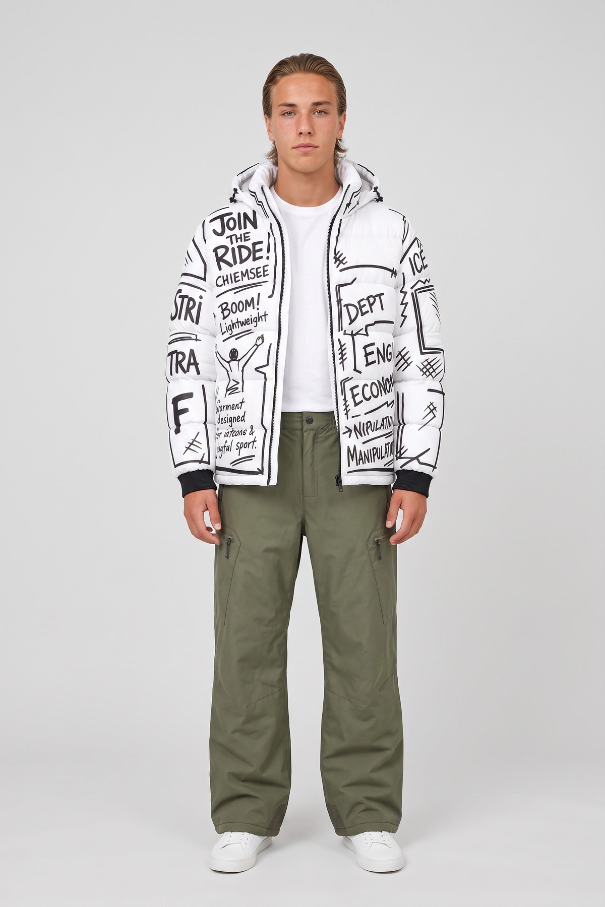 Model wearing the Graffiti Down Puffer, styled with a second collection piece