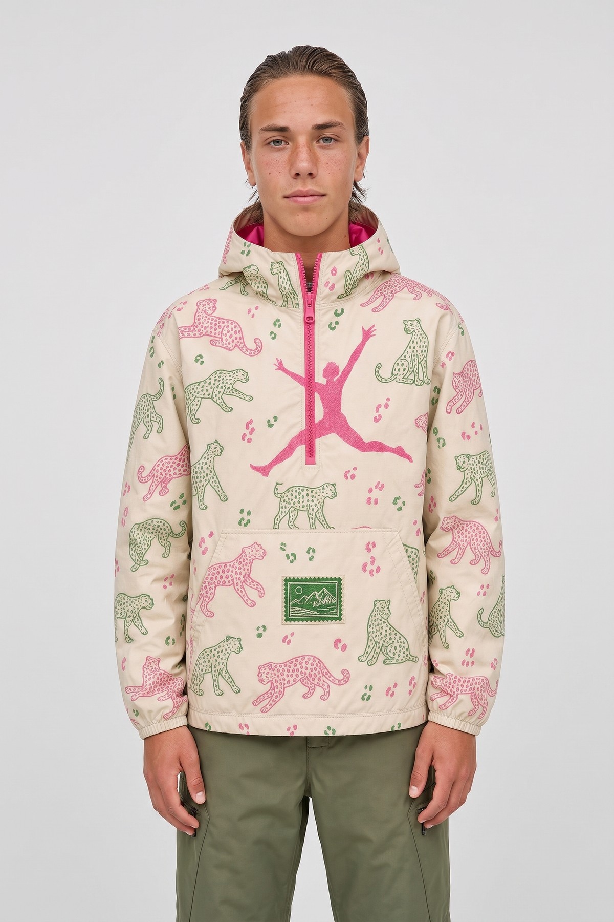 Model wearing the Jumper Print Anorak, styled with a second collection piece