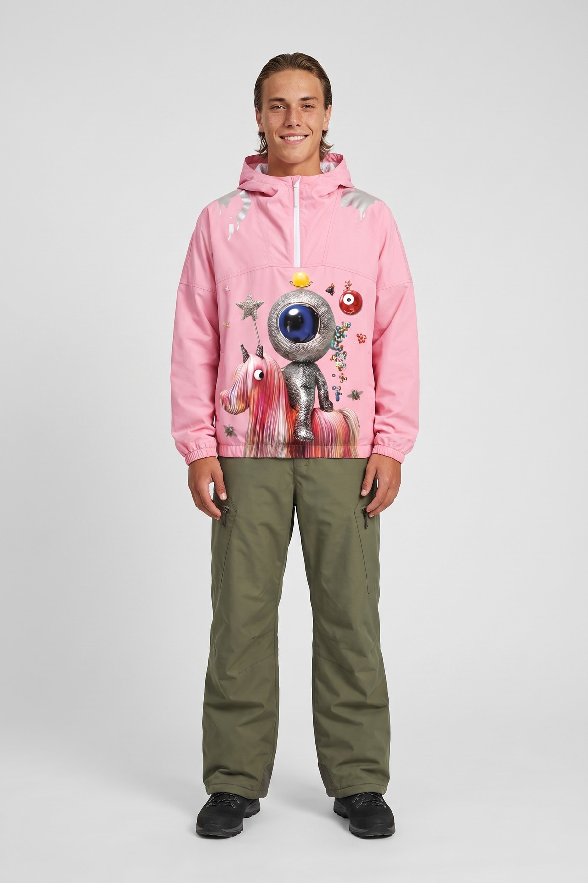Model wearing the Mascot Windbreaker, styled with a second collection piece