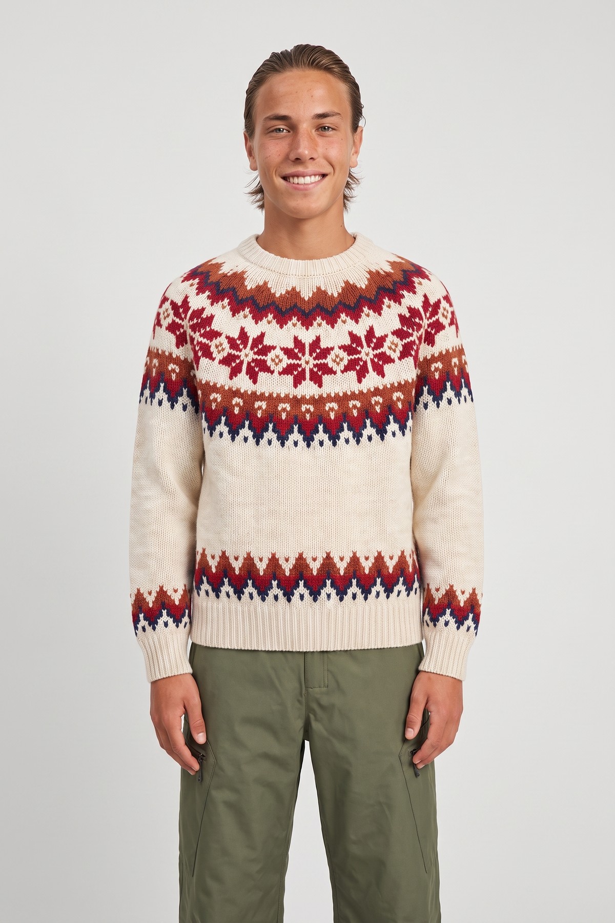 Model wearing the Fair-Isle Knit, styled with a second collection piece