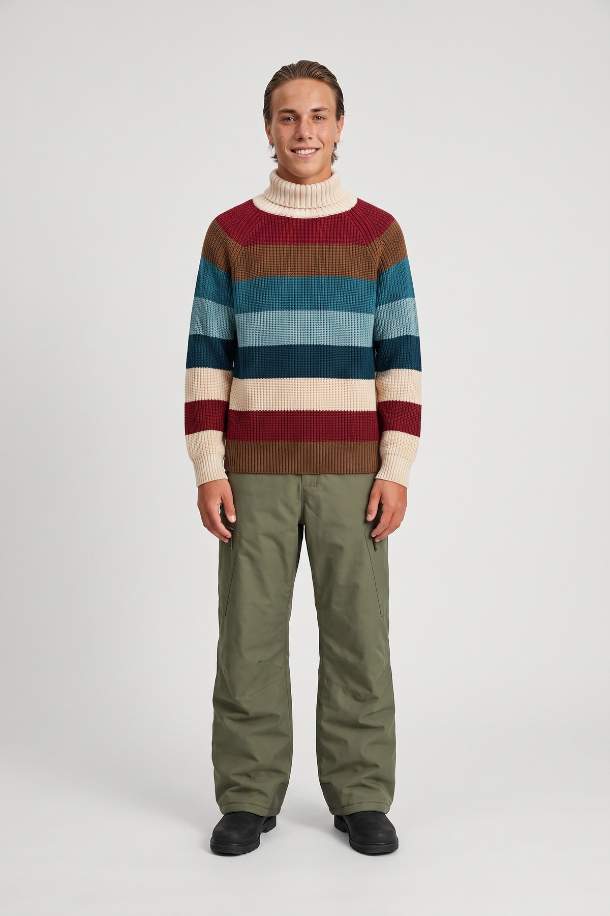 Model wearing the Striped Crew Knit, styled with a second collection piece