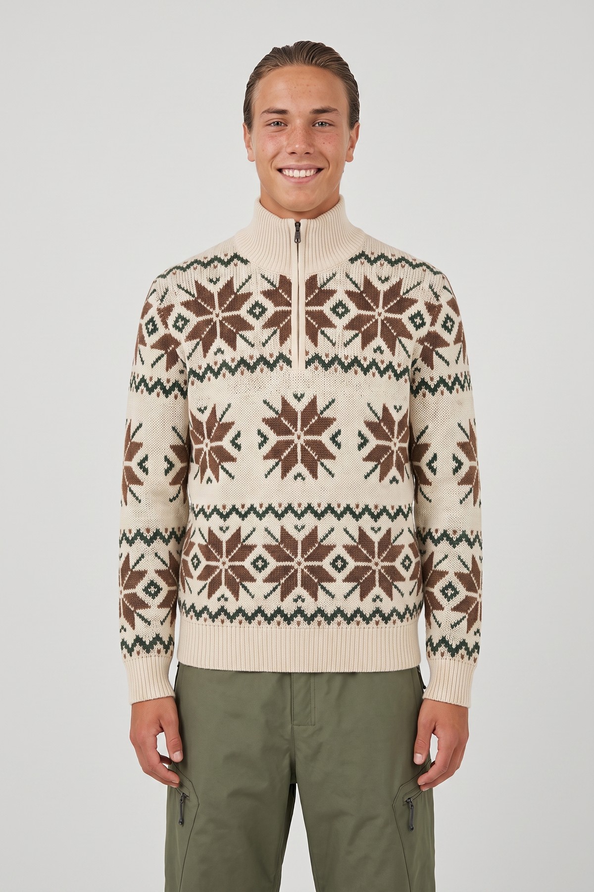 Model wearing the Snowflake Half-Zip, styled with a second collection piece