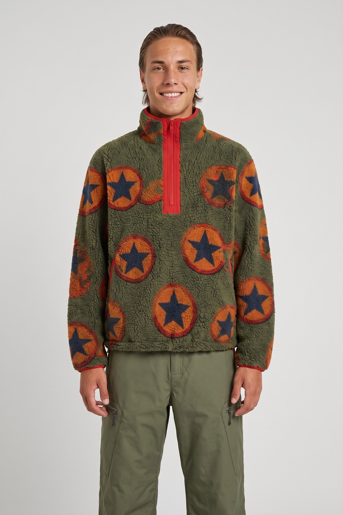 Model wearing the Sunburst Fleece Half-Zip, styled with a second collection piece