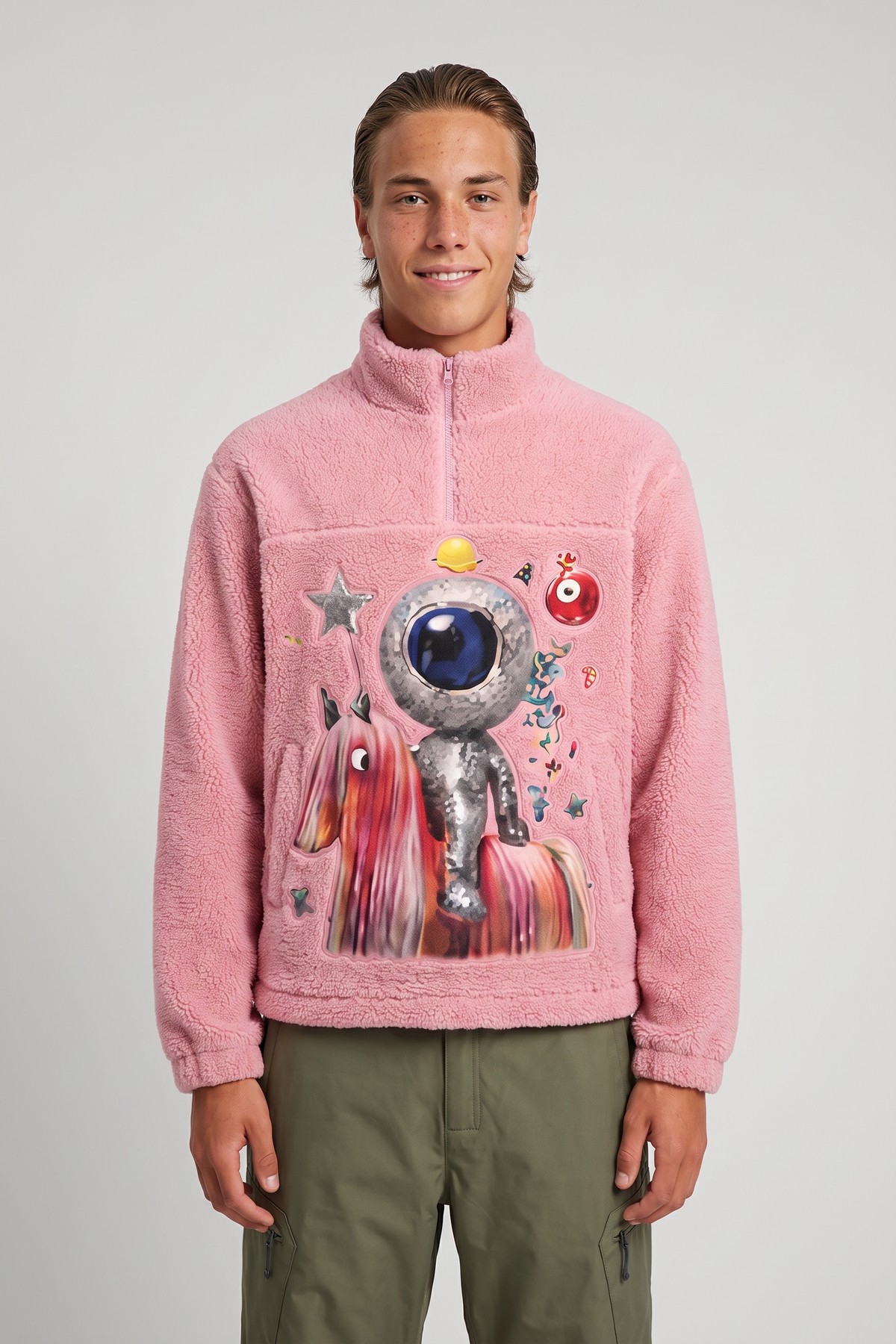 Model wearing the Mascot Teddy Fleece, styled with a second collection piece