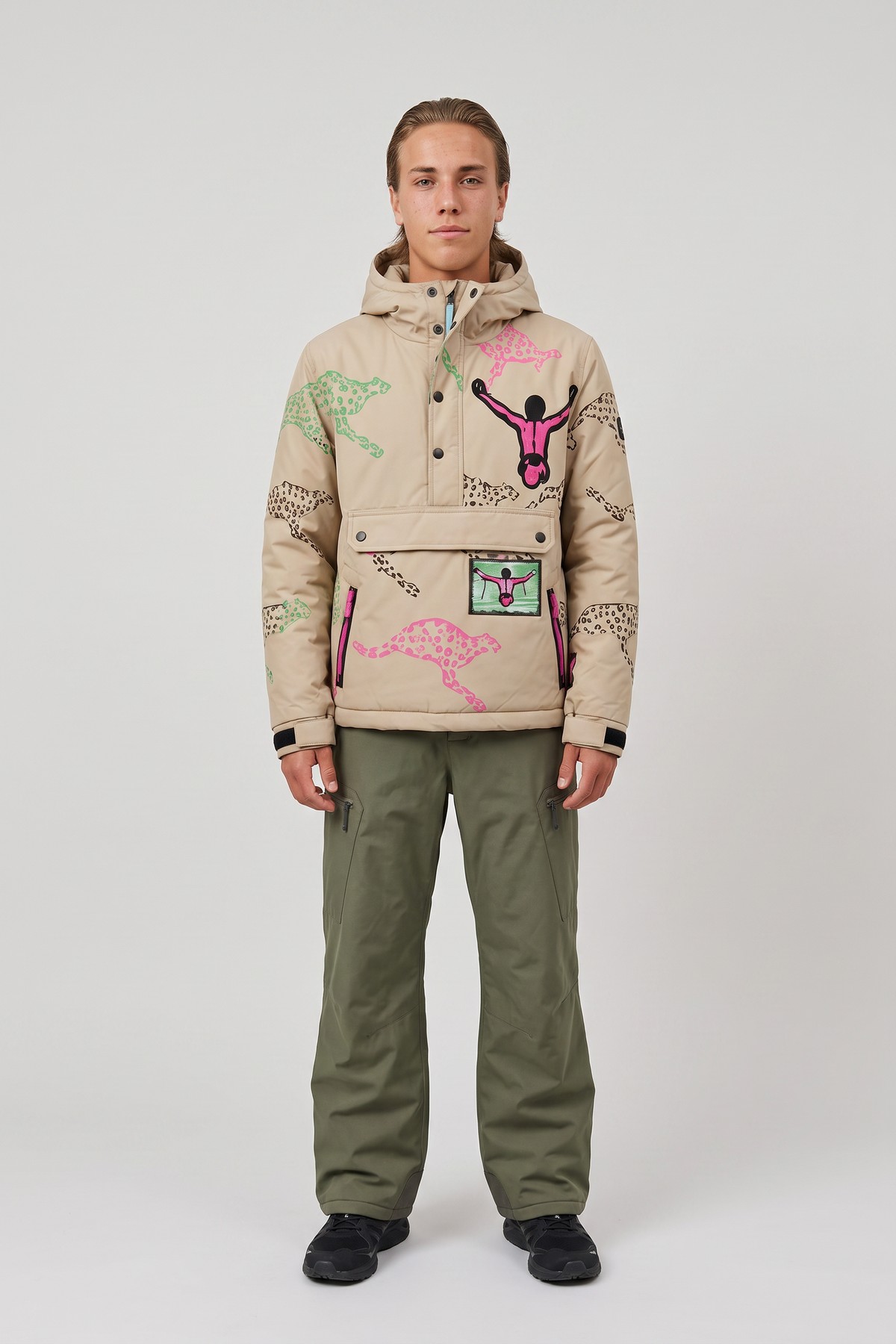 Model wearing the Graffiti Anorak, styled with a second collection piece