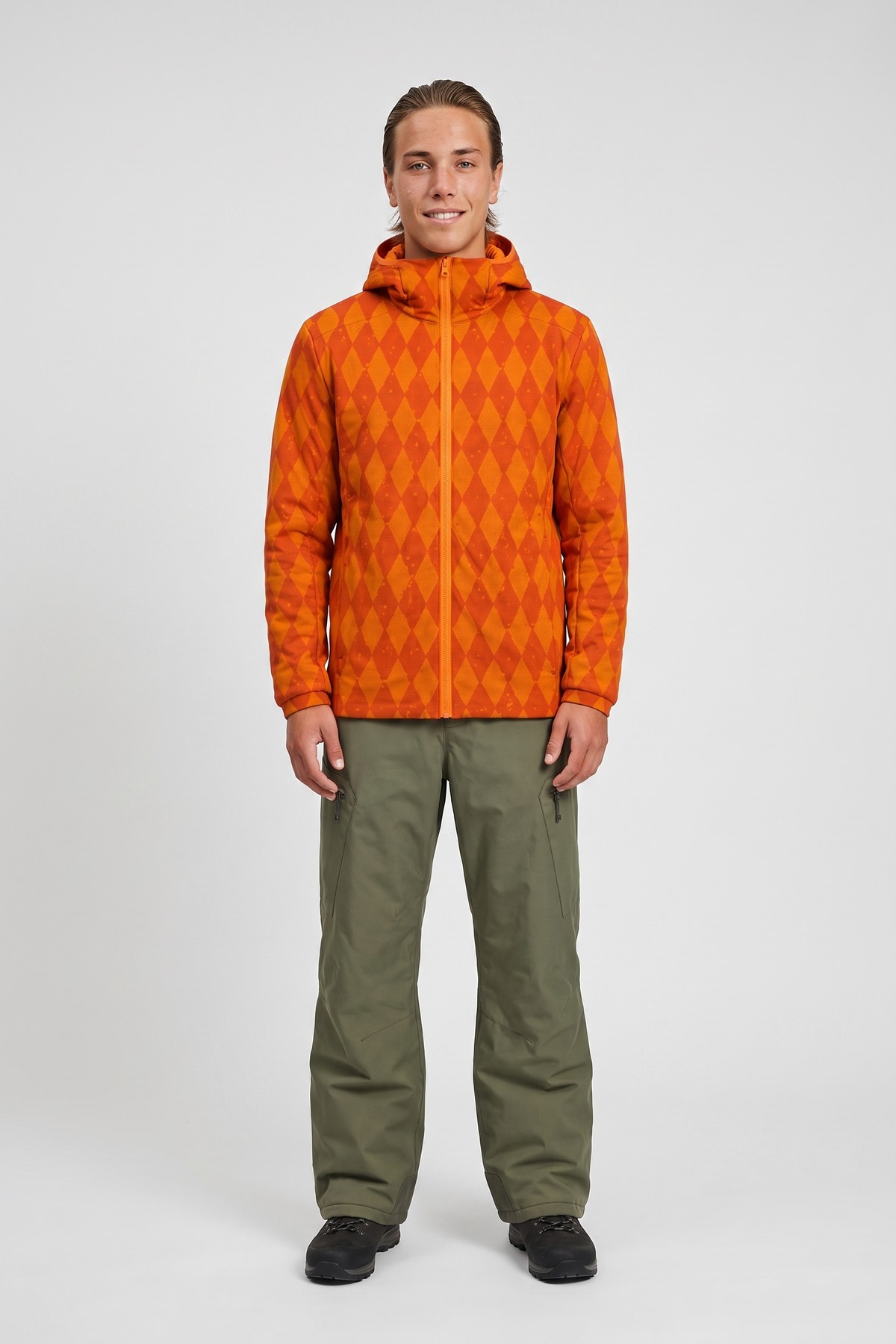 Model wearing the Argyle Knit, styled with a second collection piece
