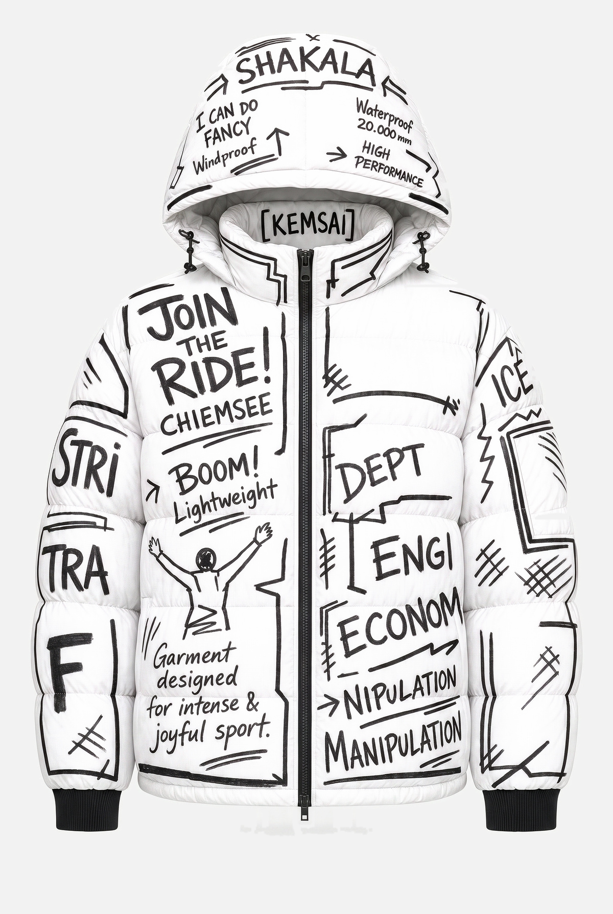 White down puffer jacket covered in hand-drawn black marker graffiti reading Join the Ride