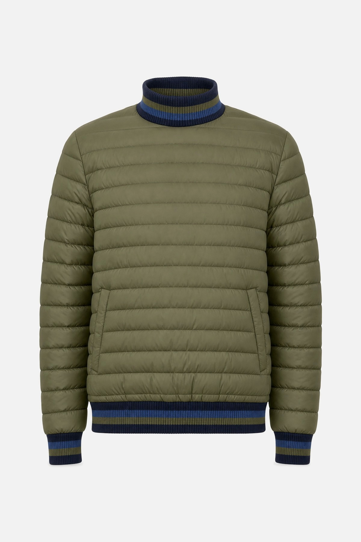 Olive green quilted lightweight down pullover with striped knit collar, hem and cuffs