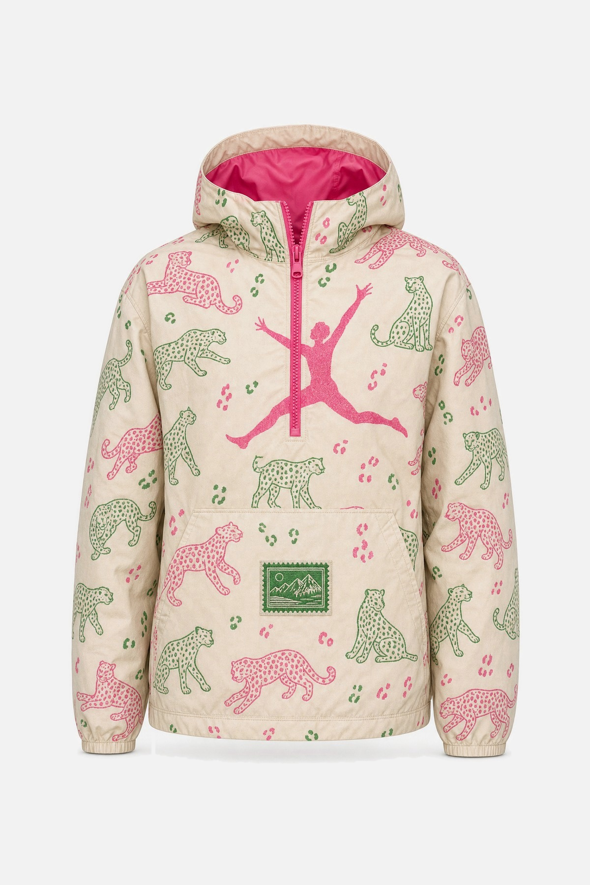 Ecru hooded half-zip anorak with pink jumping-rider print and green leopard doodles