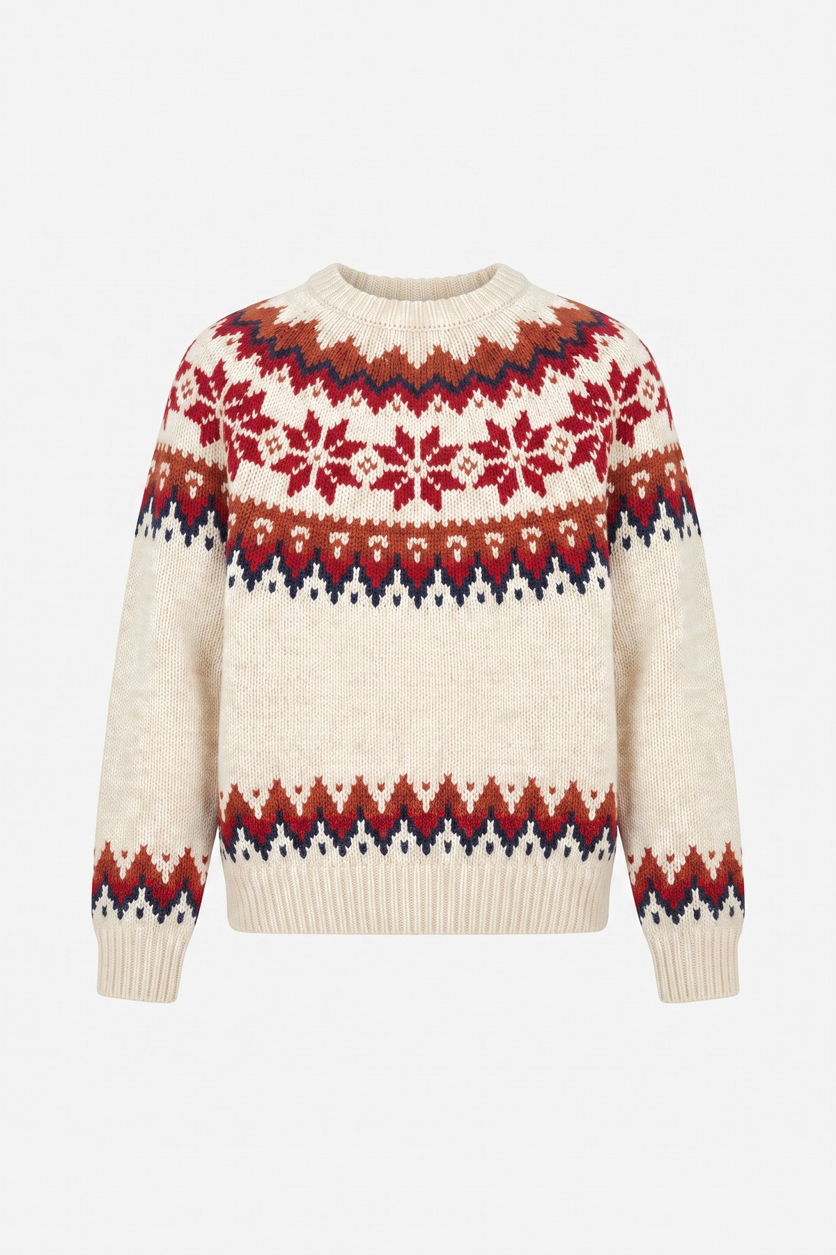 Cream Fair-Isle knit sweater with red and navy Nordic snowflake bands