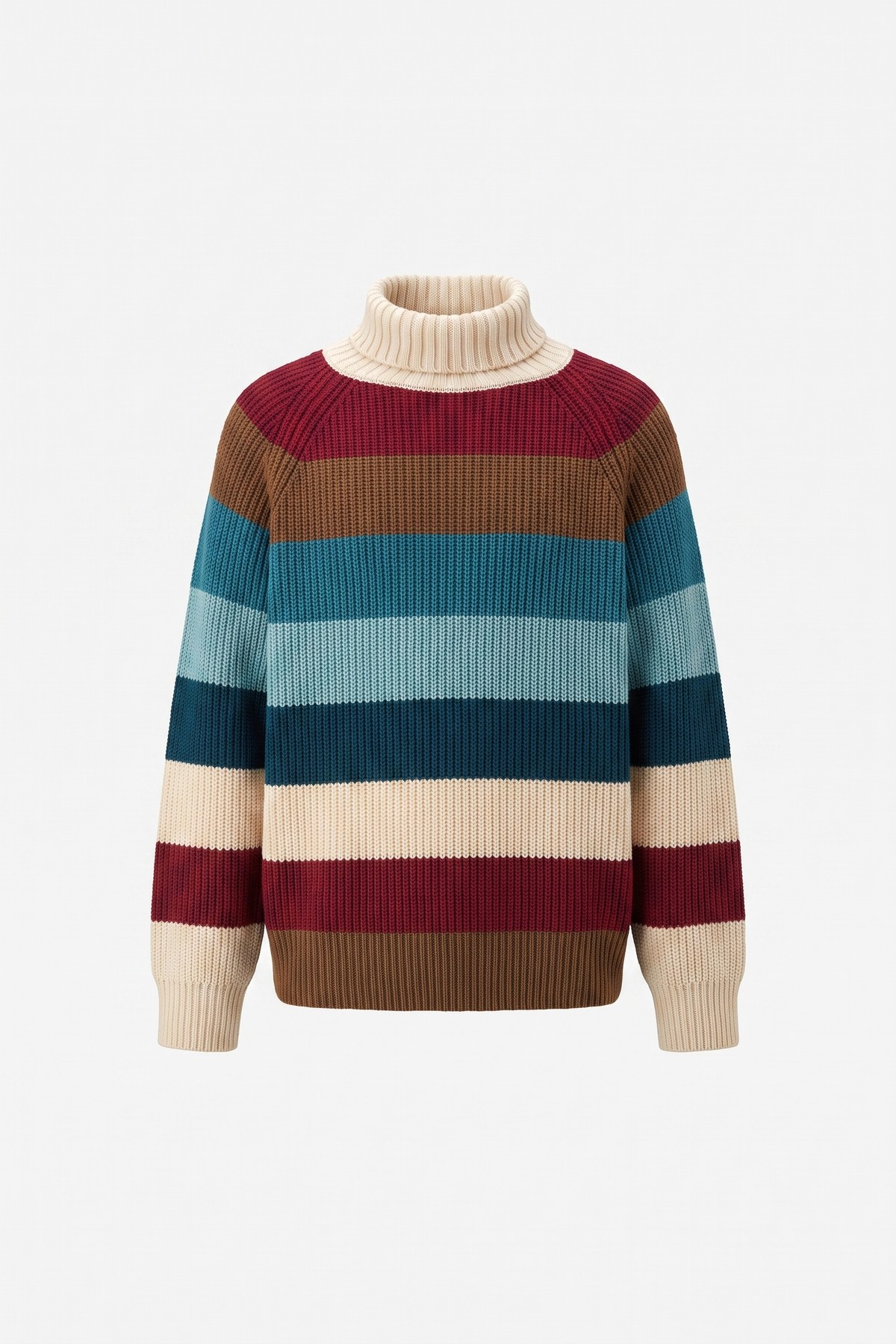 Chunky knit sweater with bold horizontal stripes in cream, red, teal and brown