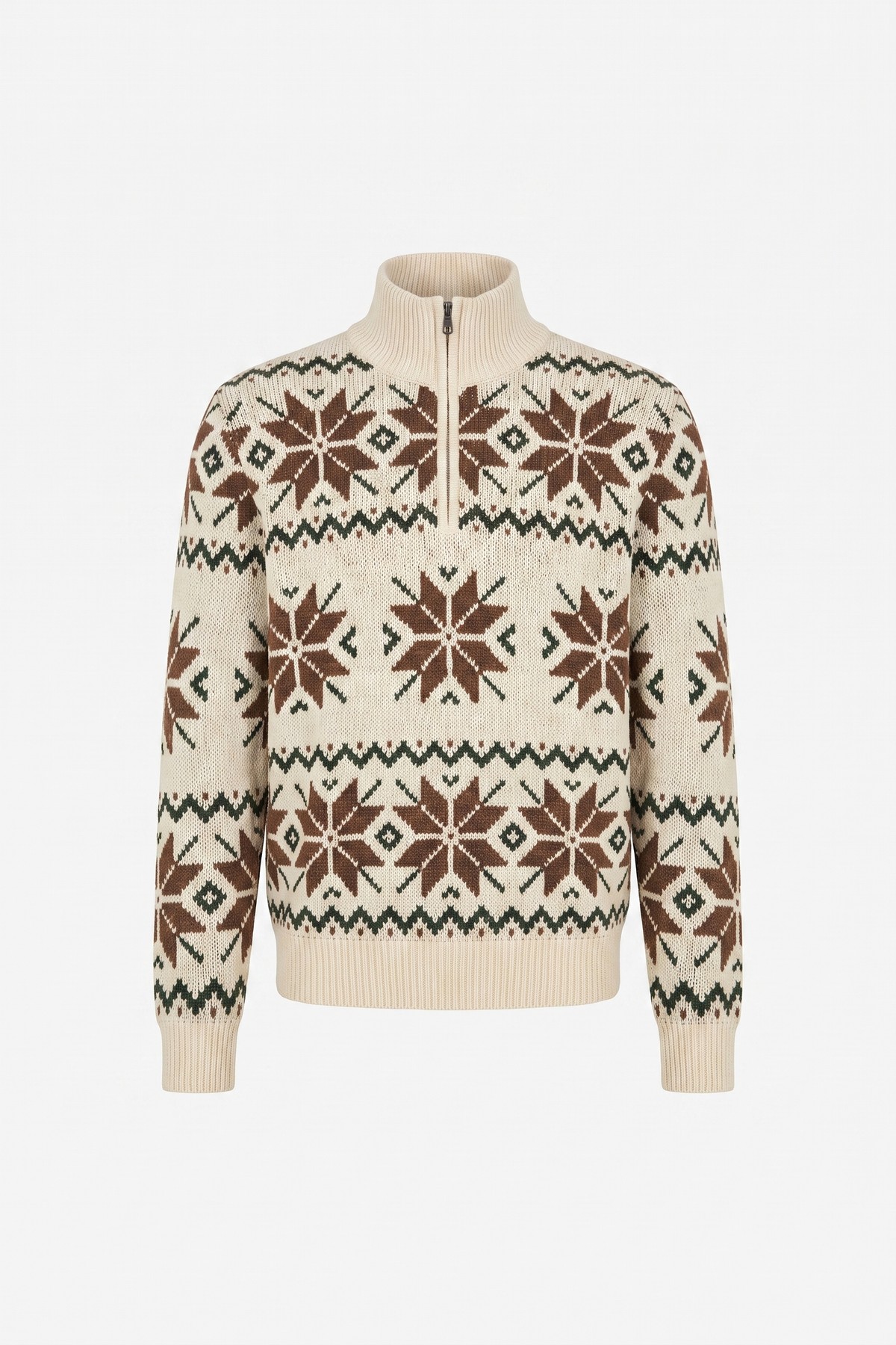 Cream snowflake-pattern half-zip knit sweater with a stand collar