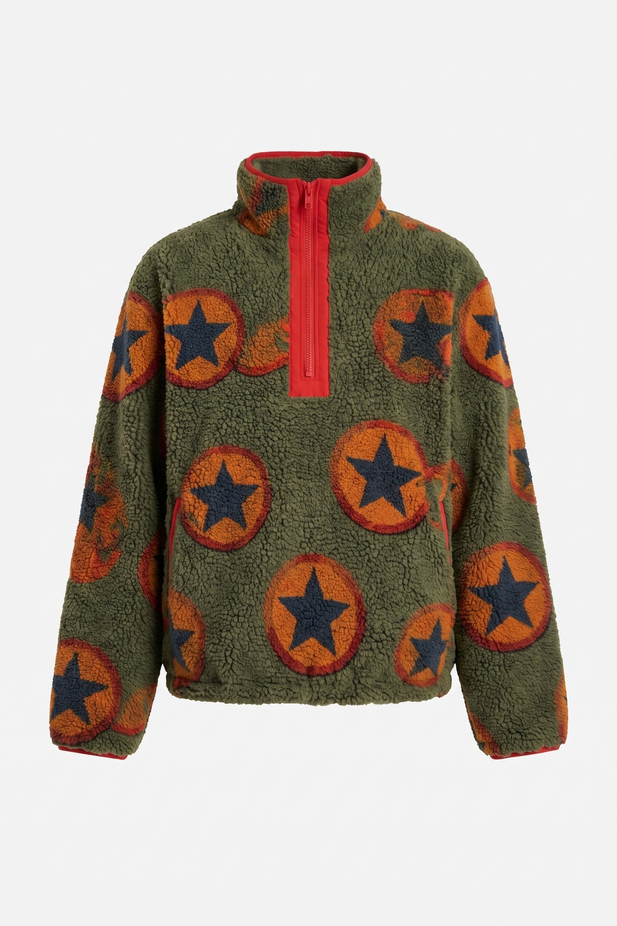 Olive sherpa fleece half-zip with an orange sunburst and navy star motif and red collar