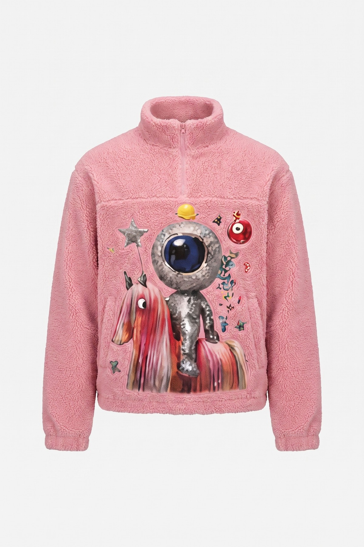 Pink teddy sherpa fleece pullover with a printed cartoon mascot graphic