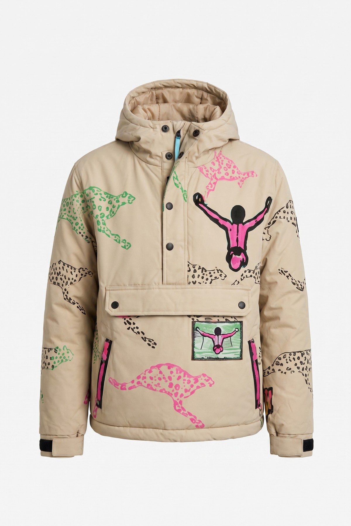 Tan hooded half-zip anorak covered in hand-drawn green and pink graffiti mascot doodles