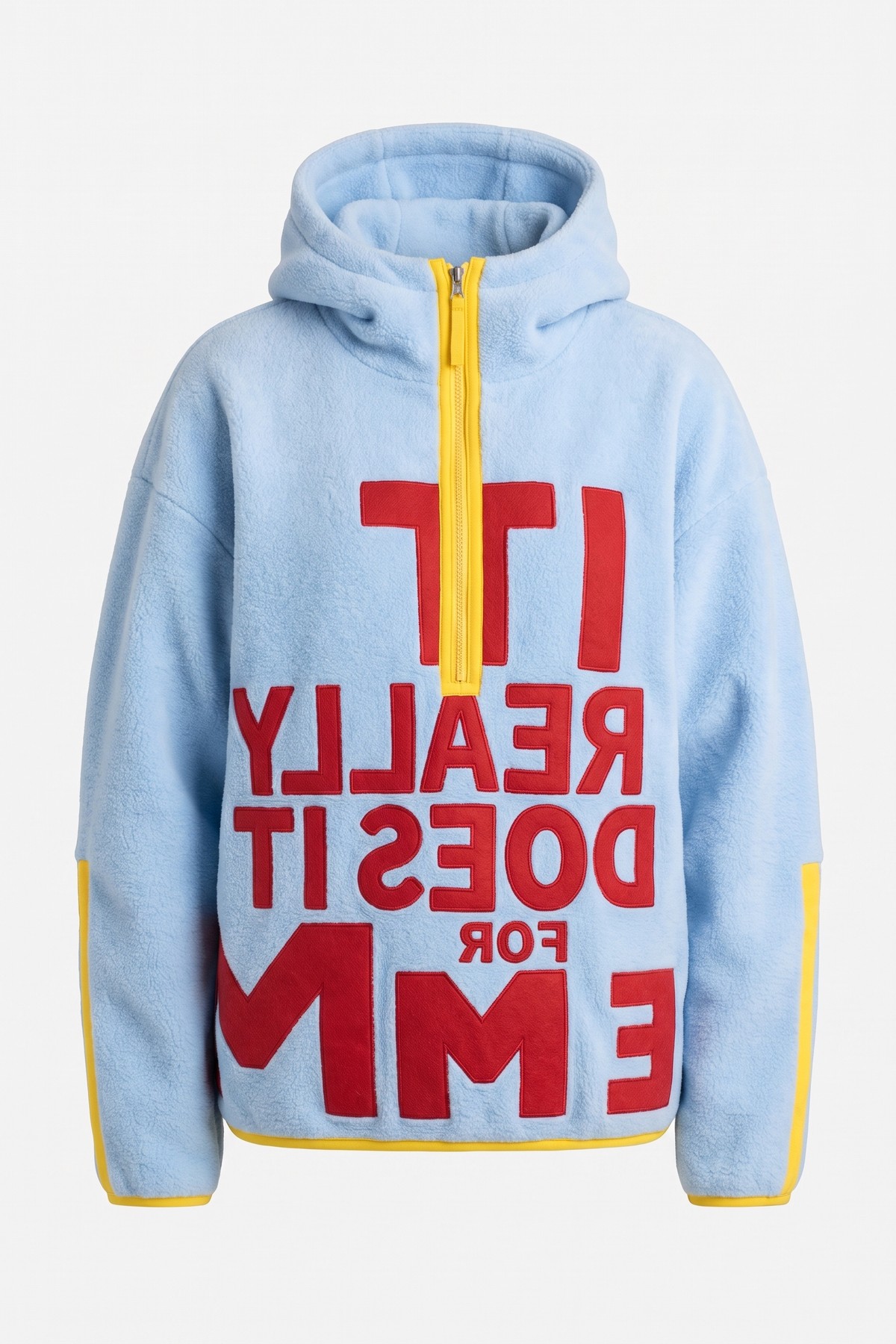 Light blue hooded sweatshirt with bold red IT REALLY DOES IT FOR ME lettering and a yellow zip