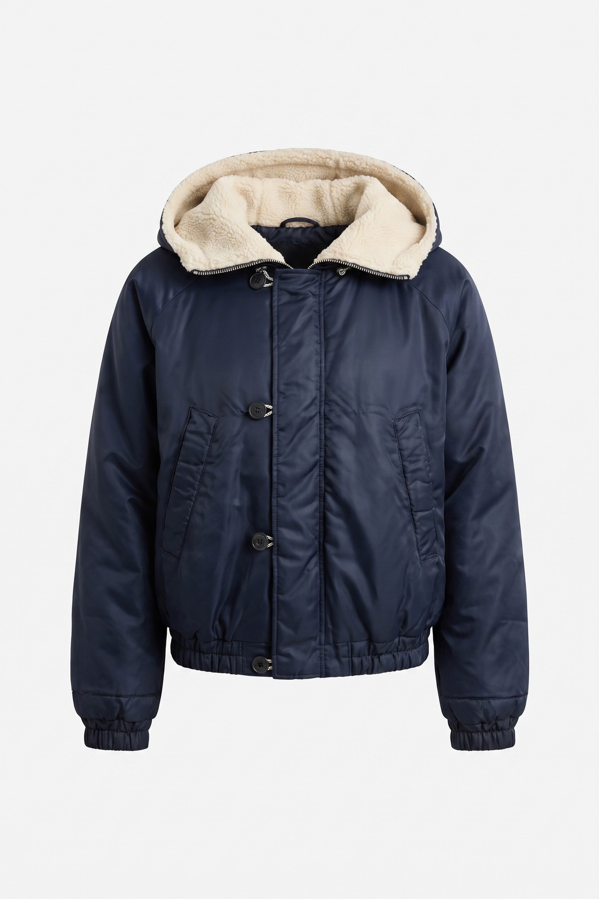 Navy padded nylon bomber jacket with a cream shearling-lined hood
