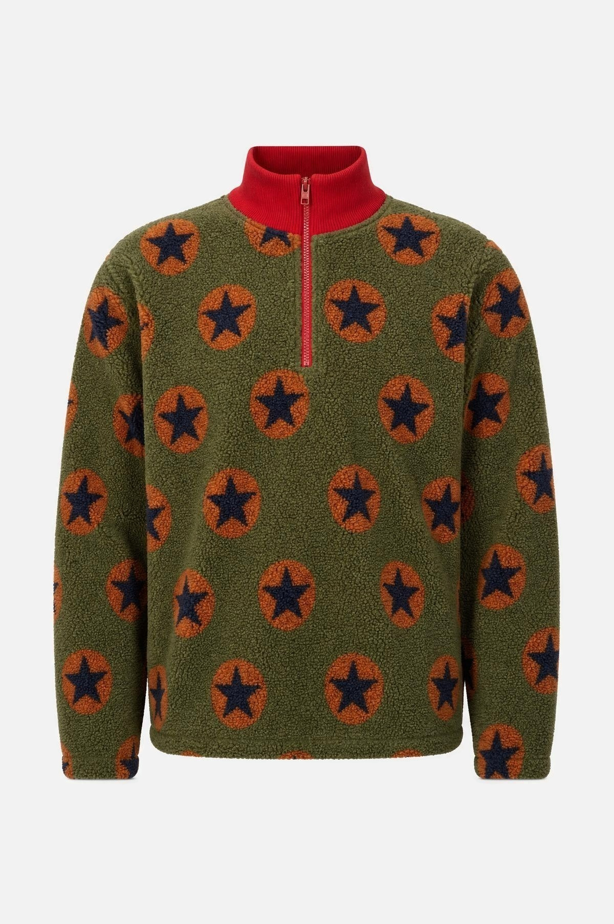 Olive sherpa fleece half-zip with circled star pattern and red collar