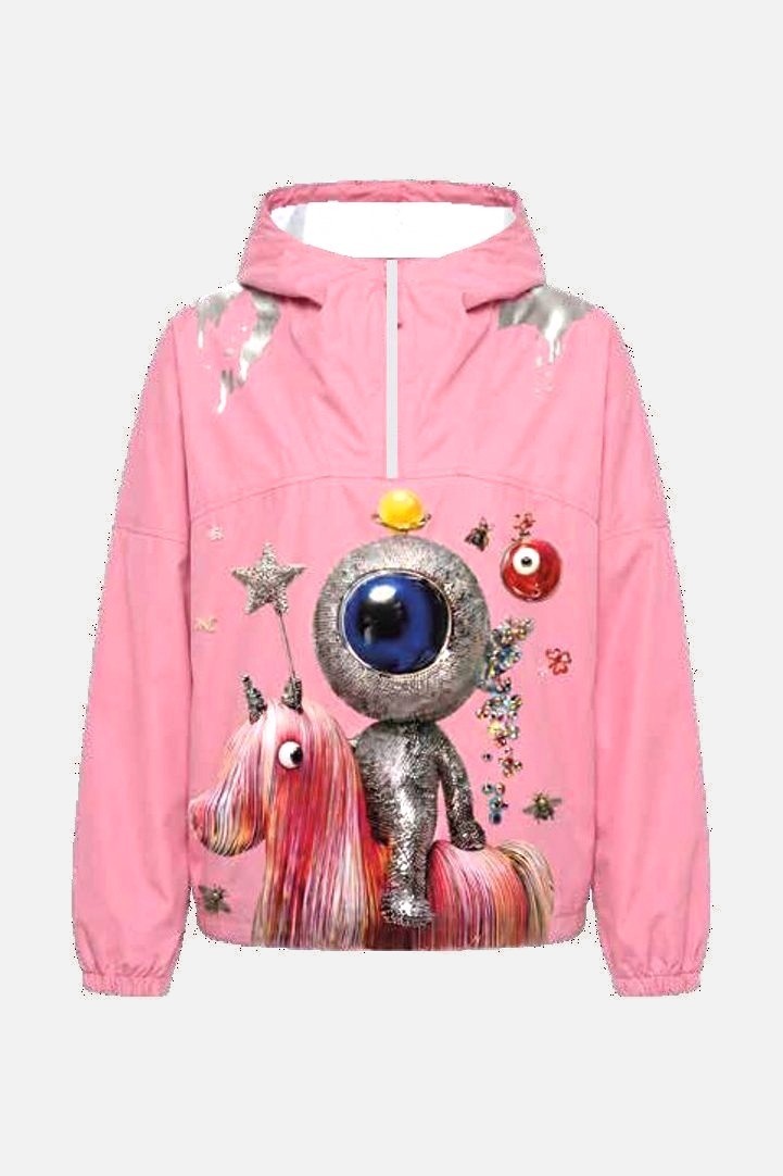 Pink half-zip windbreaker with a silver mascot unicorn print on the chest