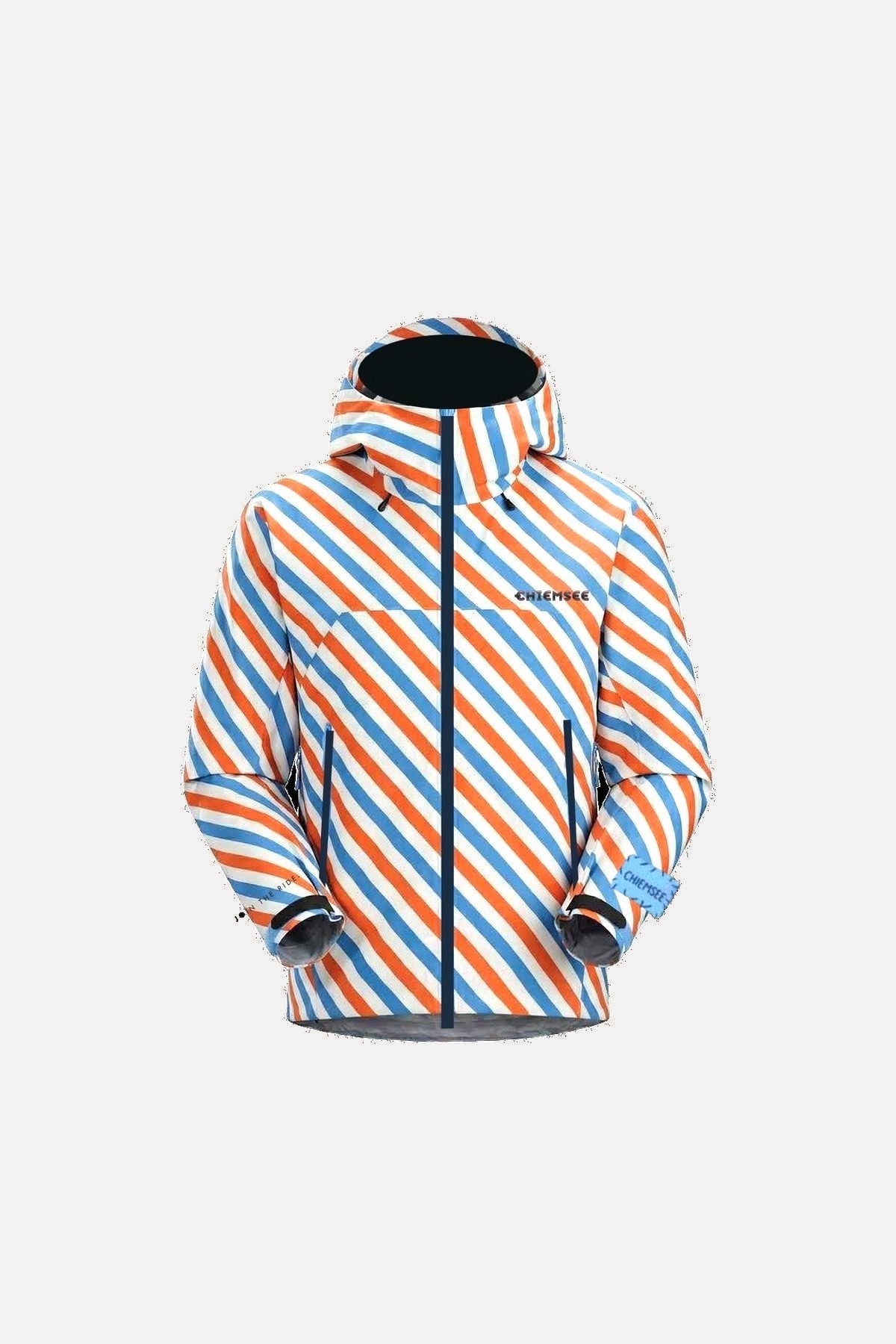 Orange and blue diagonal-stripe ski shell jacket on neutral studio ground
